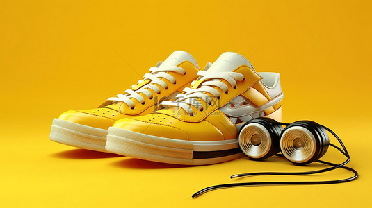 充满活力的黄色背景中的复古怀旧复古乙烯基盒式时髦运动鞋和 3D 眼镜