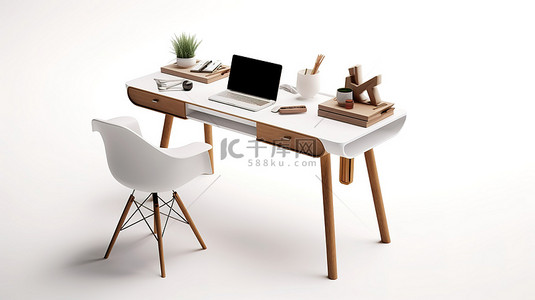 现代桌面上的计算机，配有时尚的白色顶部和质朴的棕色腿 3D 渲染