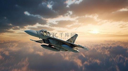 俄罗斯背景图片_乌克兰俄罗斯战争期间，一架战斗机在多云的天空中进行 3D 渲染