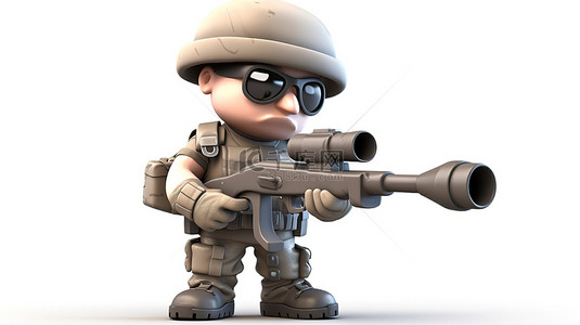 动漫人物3d背景图片_孤立的 3D 卡通士兵姿势与突击枪和白色背景上的剪切路径