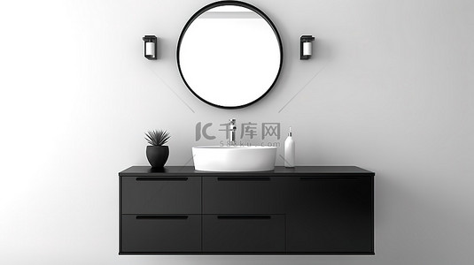 3D 渲染木柜，配有黑色饰面椭圆形镜子和水槽，站在白墙前，近距离观察
