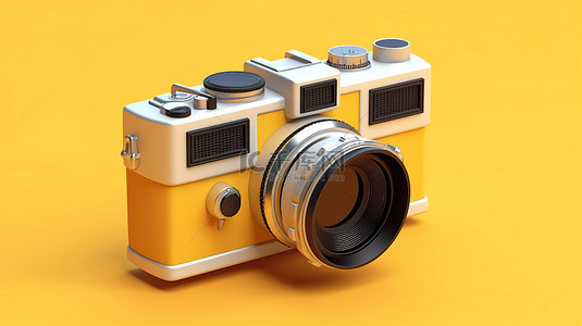 扁平风格插图背景图片_黄色背景下隔离的复古相机的 3D 插图