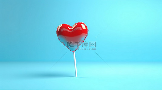 蓝色背景上红心棒棒糖的深情符号 3D 渲染