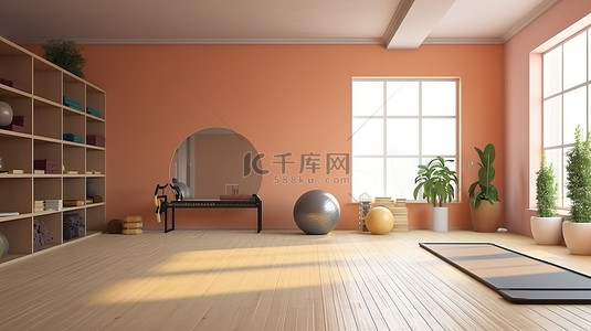 瑜伽毛笔字体背景图片_家庭健身房和锻炼空间 3D 渲染背景