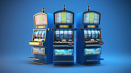 蓝色背景免费背景图片_适用于在线赌场的逼真 3D 老虎机，在 3D 渲染的蓝色背景上设置免费旋转