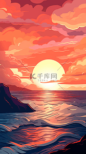 夕阳海水自然风景卡通插画背景