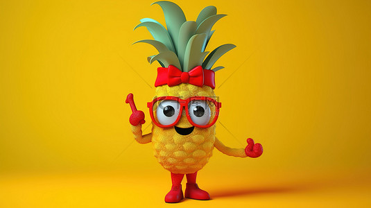 异想天开的时髦菠萝角色，带有俏皮的红色问号，在充满活力的黄色背景下设置 3D 生成图像