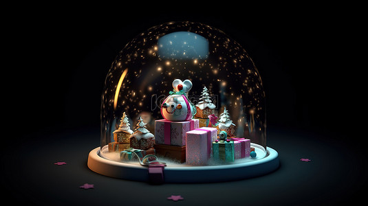 被礼物包围的 3D 渲染卡通雪球的夜间场景