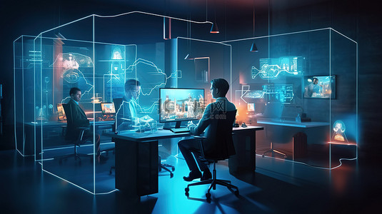 数据市场背景图片_企业专业人士利用虚拟办公室和智能数据平台进行 3D 渲染中描述的商业营销目的