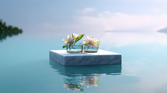 受自然启发的产品展示台漂浮在水面上 3D 渲染