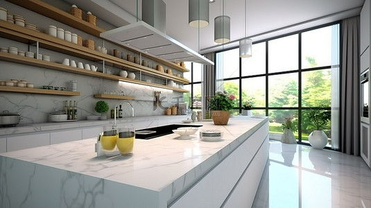 时尚厨房台面设计的现代 3D 插图