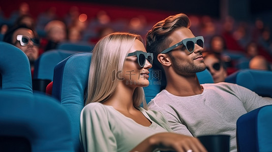吃货可爱背景图片_可爱的情侣戴着 3D 眼镜在电影院享受电影约会