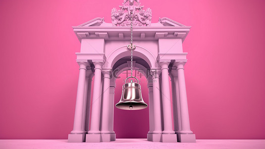 背景意大利背景图片_通过 3D 渲染创建的粉红色背景下的双色调蓝色钟楼，配有拱门和悬钟