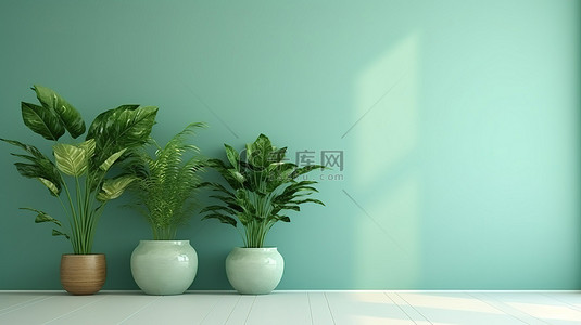 盆栽植物背景图片_一个房间的 3D 渲染，有郁郁葱葱的绿色墙壁和盆栽植物