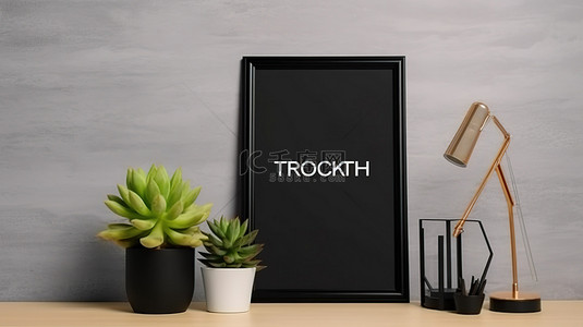 植物装饰的柜子里有 3D 渲染的黑色相框模型