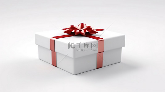 大白色礼物盒，饰有红丝带和蝴蝶结，在白色背景上以 3D 渲染