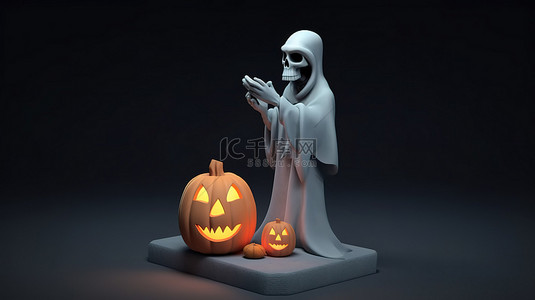 卡通墓碑背景图片_幽灵般的 3D 万圣节插图幽灵般的人物与杰克奥兰特头和墓碑