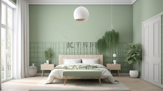 学习背景图片_时尚的卧室设计，采用柔和的绿色和米色白色，配有时尚的家具和郁郁葱葱的植物 d cor 3d 渲染