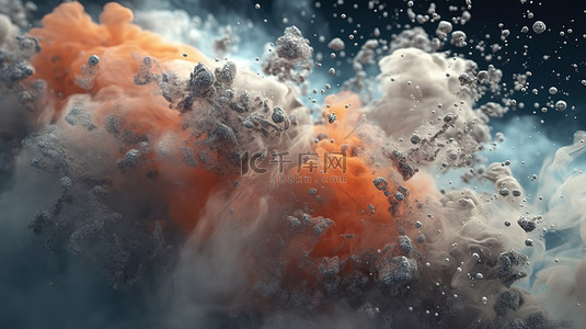 喷粉末背景图片_灰尘和烟雾背景中漂浮水滴的 3D 插图