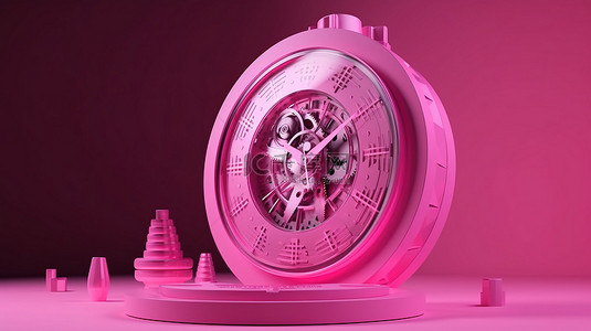 3D 时钟设计，粉红色前视图是现代计时的标志性符号，背景引人注目