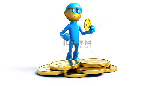 手机背景图片_3D 渲染的吉祥物金色奖金硬币角色，带有蓝色健身追踪器，用于白色背景上呈现的忠诚奖励计划