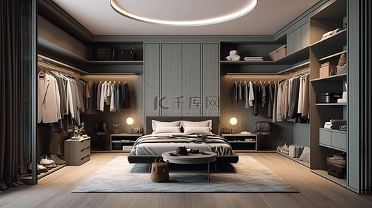 时尚的卧室和步入式衣柜，配有永恒的墙壁装饰和 3D 渲染的别致灰色家具