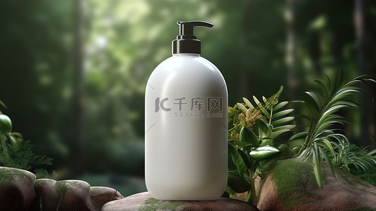 洗发水背景图片_森林背景，用于天然化妆品展示与白色洗发水瓶 3D 概念设计