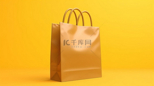 黄色背景购物袋样机，配有牛皮纸设计 3D 渲染和插图
