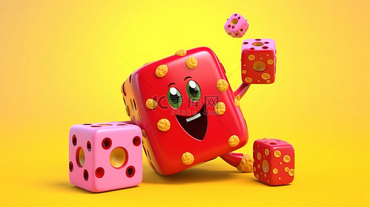 黄色背景，带有飞行人物吉祥物的 3D 插图，一个大的粉红色釉面甜甜圈，装饰着草莓，并配有红色游戏骰子立方体