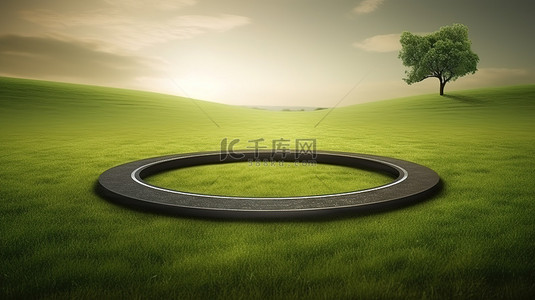 沥青地面公路背景图片_圆形道路上汽车和轮胎广告的设计，中间有草地 3D 插图
