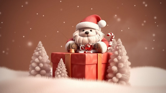 弹簧加载礼品盒的 3D 插图揭示了毛绒圣诞老人