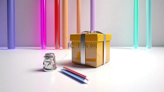 粉色的光背景背景图片_白色地板上的各种充满活力的礼品盒和泰国风格的光剑 3D 渲染