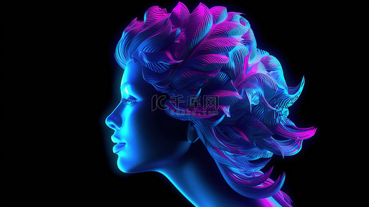 女性头部在紫外线和粉红色光线下的 3d 插图，带有时尚的易洛魁花瓣