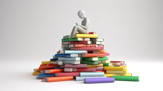 3D 人物在白色背景渲染图像的彩色教科书塔旁边陷入困境