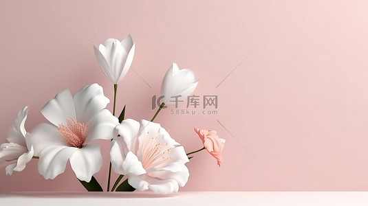 白色场景与简约花朵社交媒体横幅的时尚 3D 渲染
