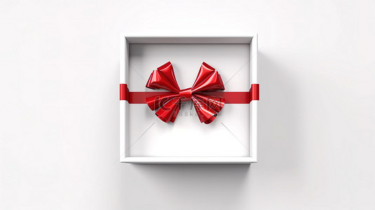 打开礼盒红色背景图片_1 打开礼品盒的顶视图，一个带有红丝带和蝴蝶结的白色盒子，在 3D 渲染的独立白色背景上
