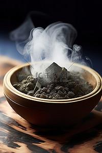 一个小圆碗，上面有烟和木炭