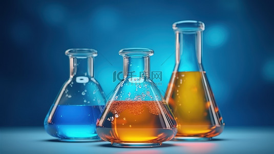 蓝色背景上实验室玻璃瓶中的化学液体数字创建图像