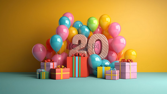 气球布置背景图片_3D 渲染中用气球和礼物布置的快乐生日庆典