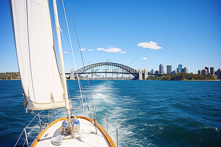 澳大利亚背景图片_从帆船船头看悉尼海港大桥
