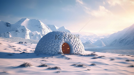 雪山风景背景图片_北极风景 3D 渲染雪原中的冰屋，背景是雄伟的雪山