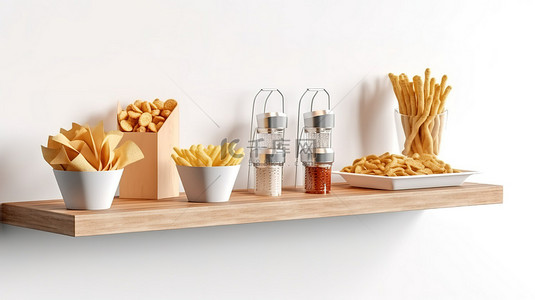 薯片袋背景图片_白色背景下小吃店模型的 3D 插图