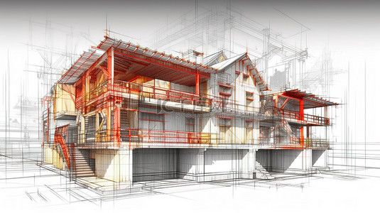 房屋在建筑过程施工现场主辅线3D设计中的插图