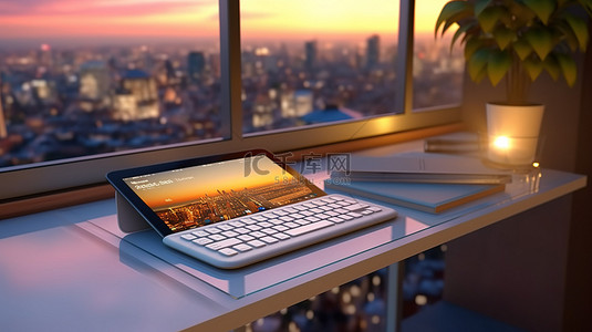 魔术桌子背景图片_带有时尚便携式平板电脑和魔术键盘的现代家庭办公室的 3D 渲染