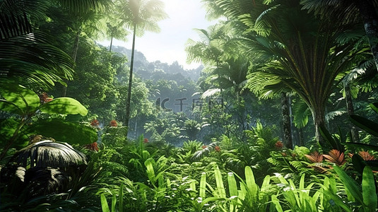 3d 中翠绿的热带丛林，茂密的树叶，高耸的树木和灌木丛