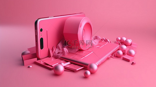 通过粉红色手机上的移动应用程序在粉红色背景上播放 3d 视频视频博客