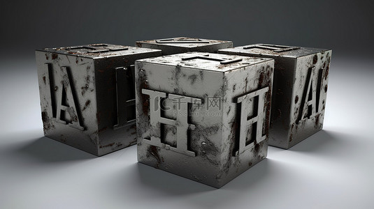 厌恶消息金属立方体，在坚韧的黑灰色背景上带有 3D 字母，表现出垃圾风格的隔离