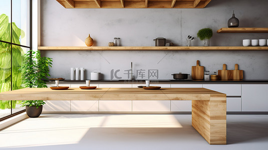 现代厨房内时尚的用餐区，带有自然风格的 3D 背景