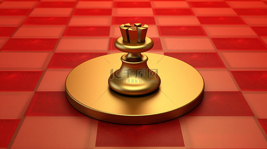 3D 渲染中红色哑光金盘社交媒体符号上的金色国际象棋图标