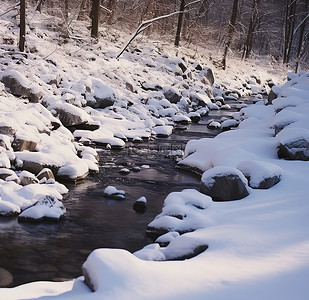 照片雪背景图片_一条河的照片，周围有白雪覆盖的岩石